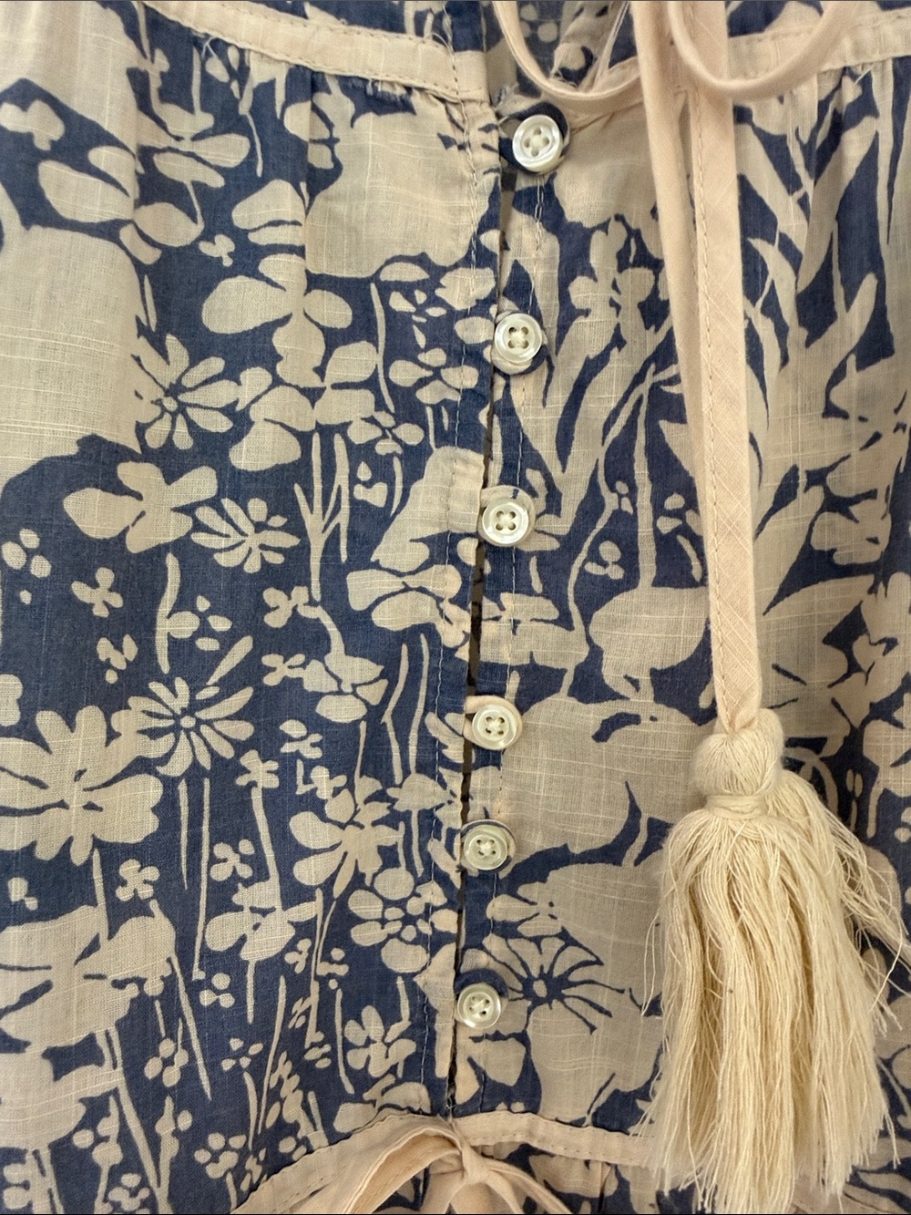 THE GREAT. Beige and Navy Floral Tiered Tassel Maxi Dress - Picture 6 of 6